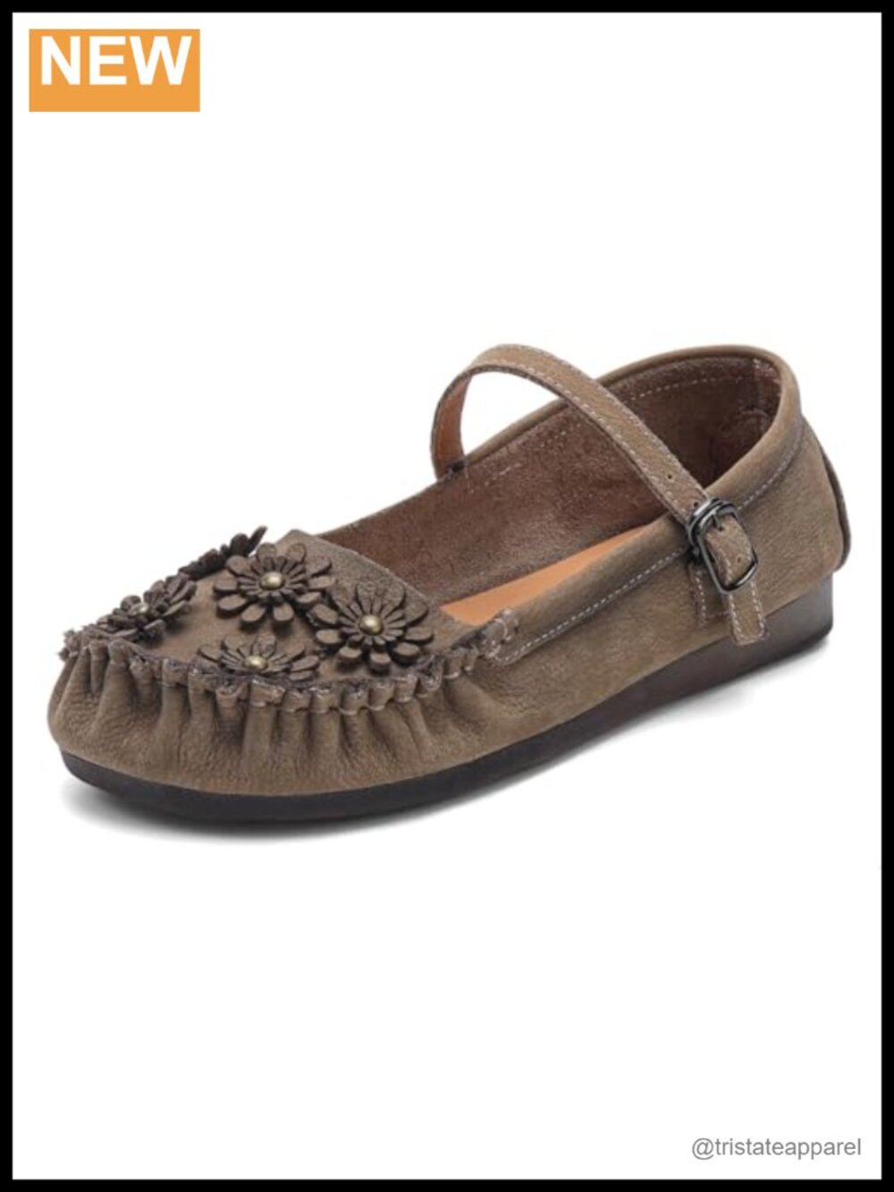 Mary Jane Flats Leather Floral Buckle Comfort Walking Shoes